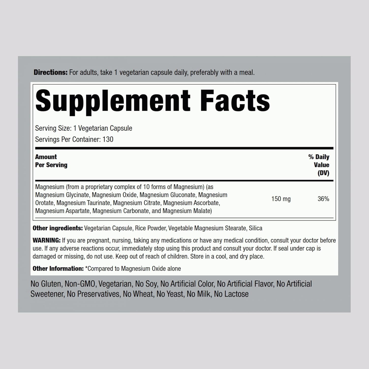 130 Vegetarian Capsules Piping Rock Magnesium 10 in One Complex - Non-GMO, Gluten Free Supplement