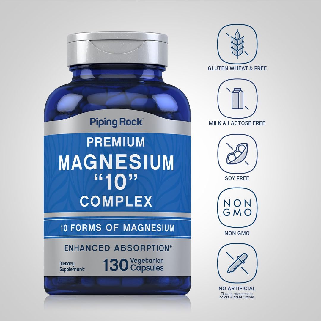 130 Vegetarian Capsules Piping Rock Magnesium 10 in One Complex - Non-GMO, Gluten Free Supplement