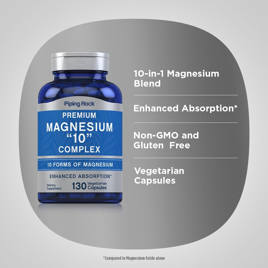 130 Vegetarian Capsules Piping Rock Magnesium 10 in One Complex - Non-GMO, Gluten Free Supplement