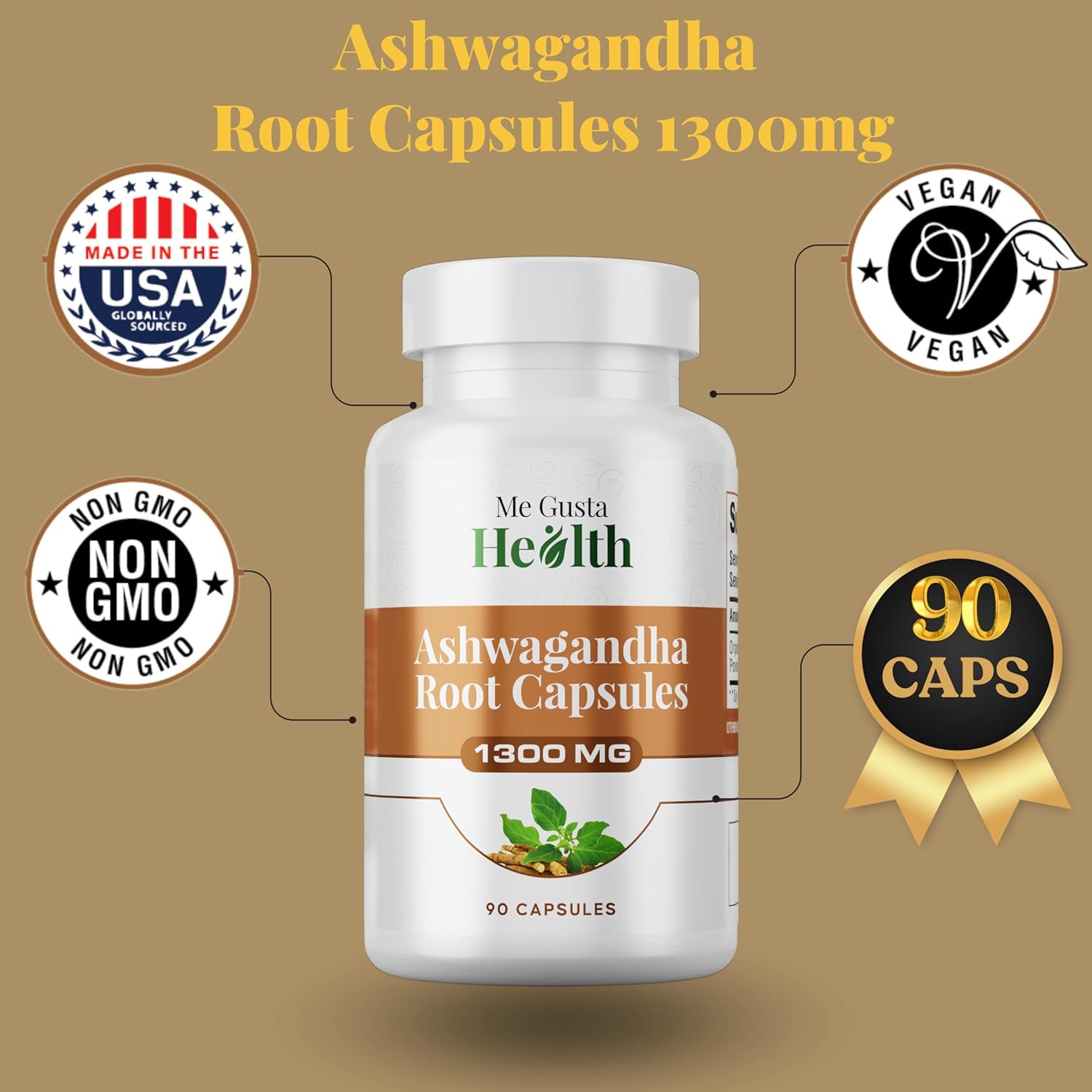 1300mg Ashwagandha Root Powder Capsules for Metabolism, Immune & Mood Support - 90 Capsules
