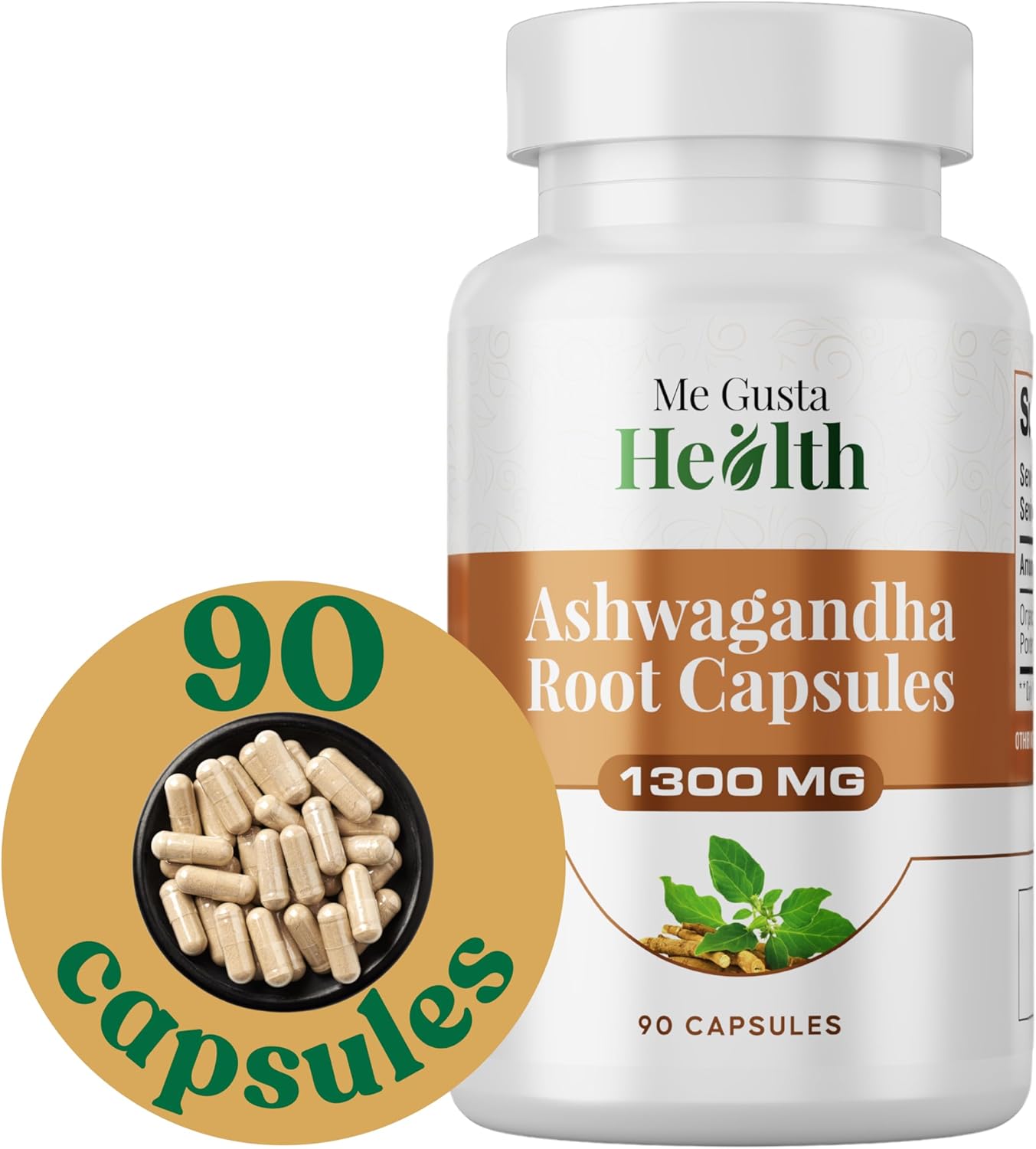 1300mg Ashwagandha Root Powder Capsules for Metabolism, Immune & Mood Support - 90 Capsules