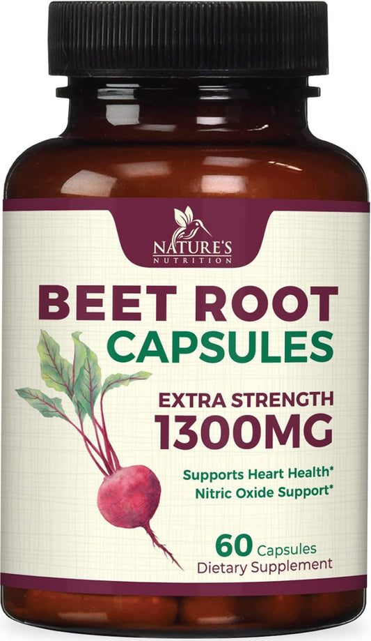 1300mg Beetroot Supplement for Nitric Oxide & Energy Support - Vegan Heart Health Pills - 60 Capsules