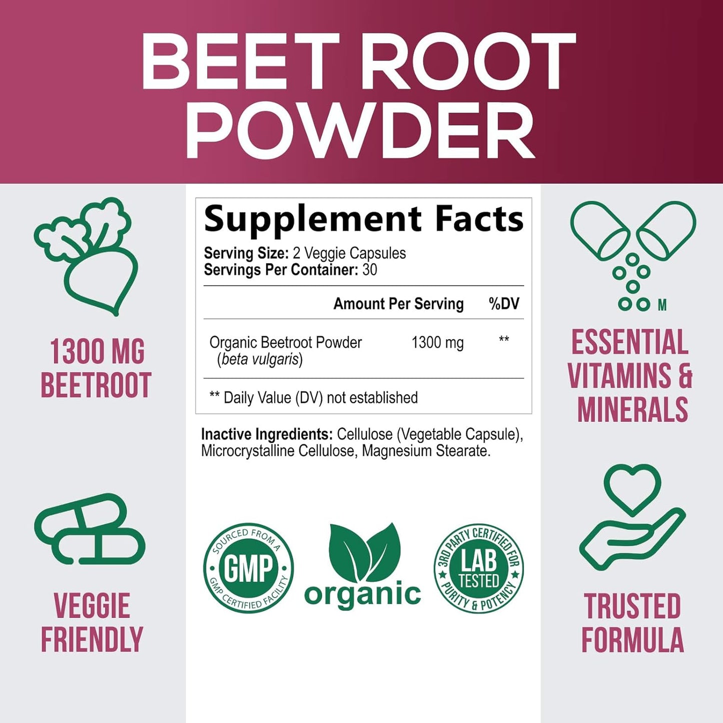 1300mg Beetroot Supplement for Nitric Oxide & Energy Support - Vegan Heart Health Pills - 60 Capsules