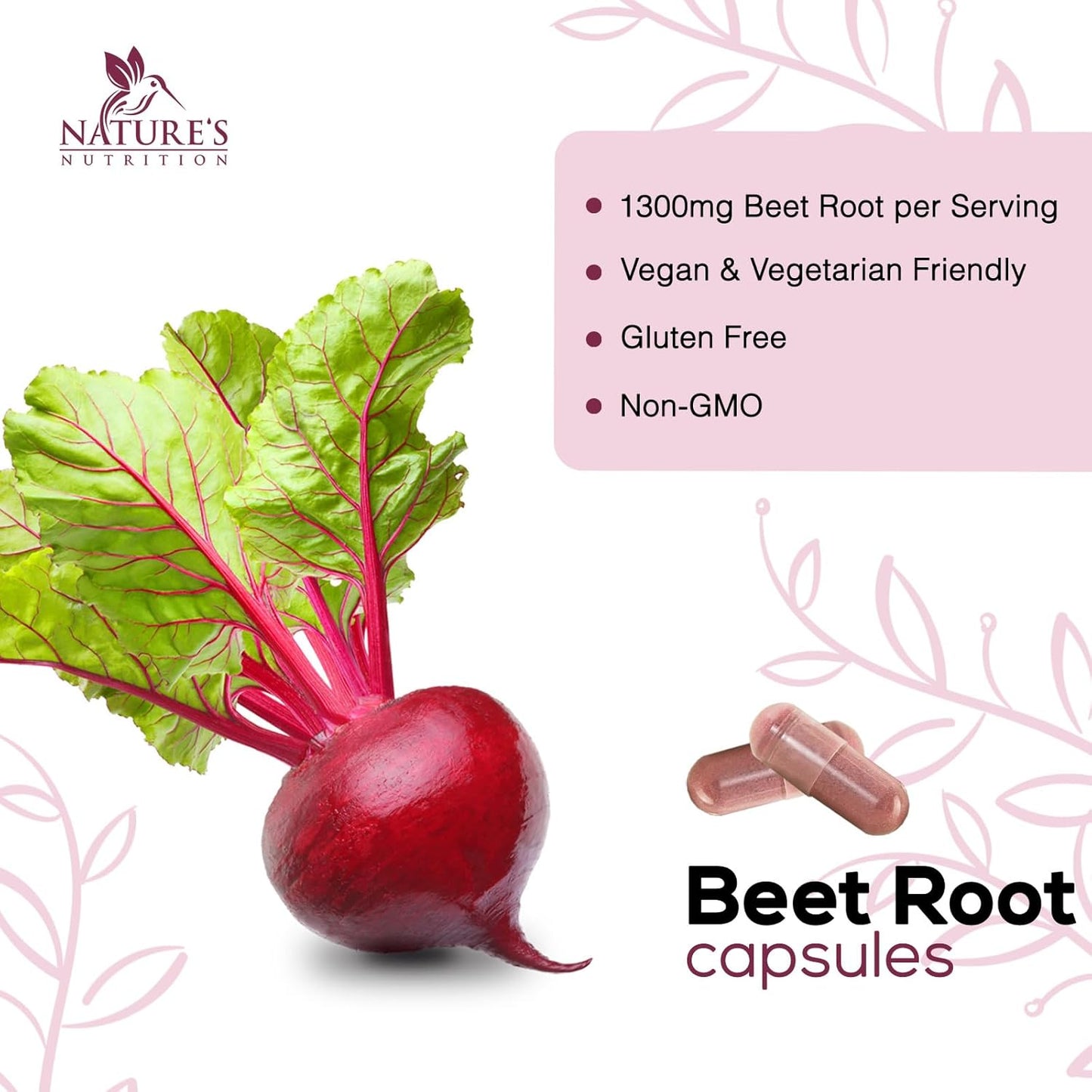 1300mg Beetroot Supplement for Nitric Oxide & Energy Support - Vegan Heart Health Pills - 60 Capsules