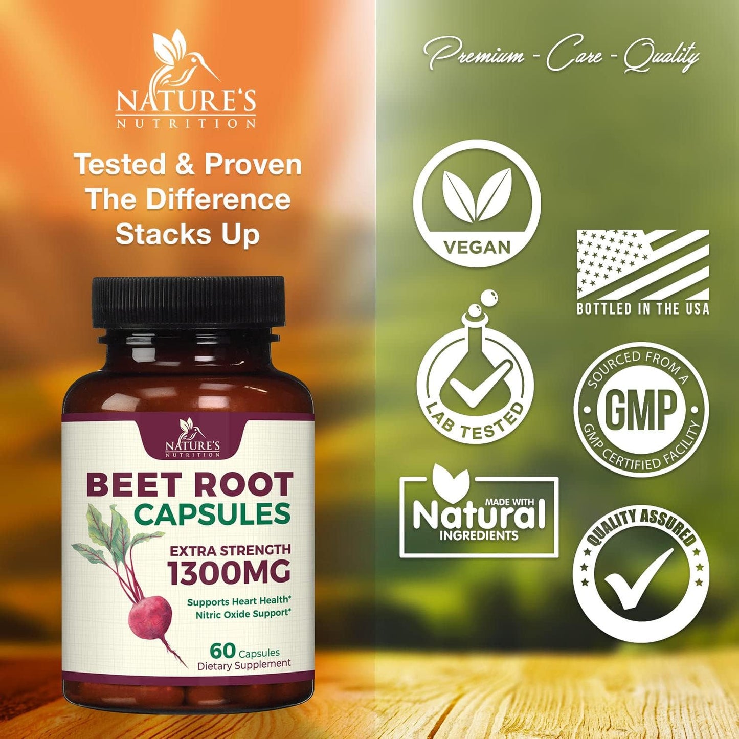 1300mg Beetroot Supplement for Nitric Oxide & Energy Support - Vegan Heart Health Pills - 60 Capsules