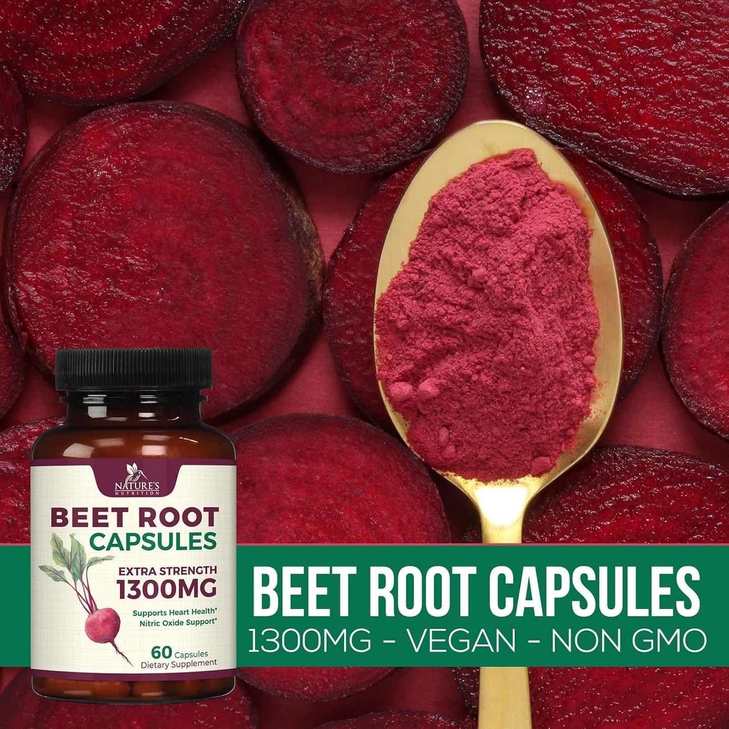 1300mg Beetroot Supplement for Nitric Oxide & Energy Support - Vegan Heart Health Pills - 60 Capsules