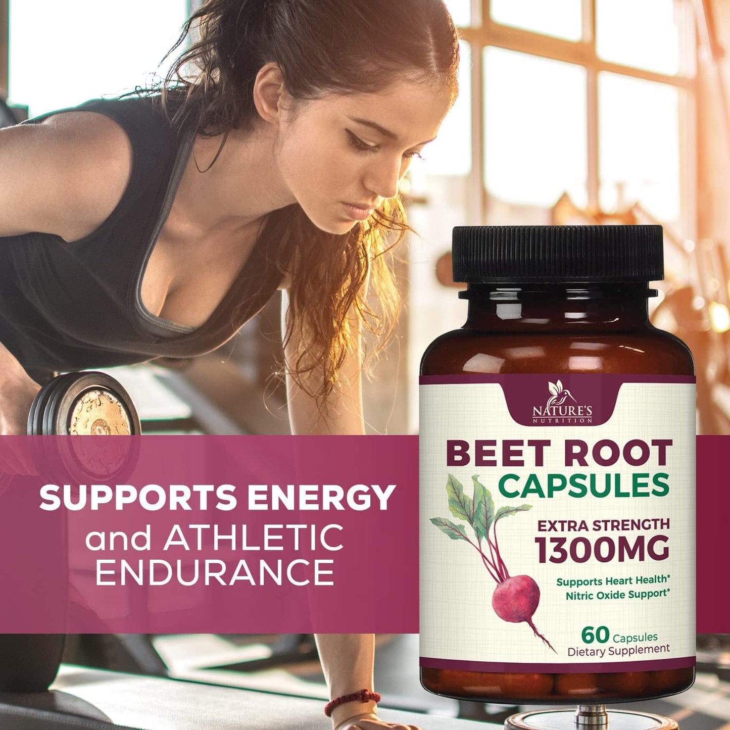 1300mg Beetroot Supplement for Nitric Oxide & Energy Support - Vegan Heart Health Pills - 60 Capsules