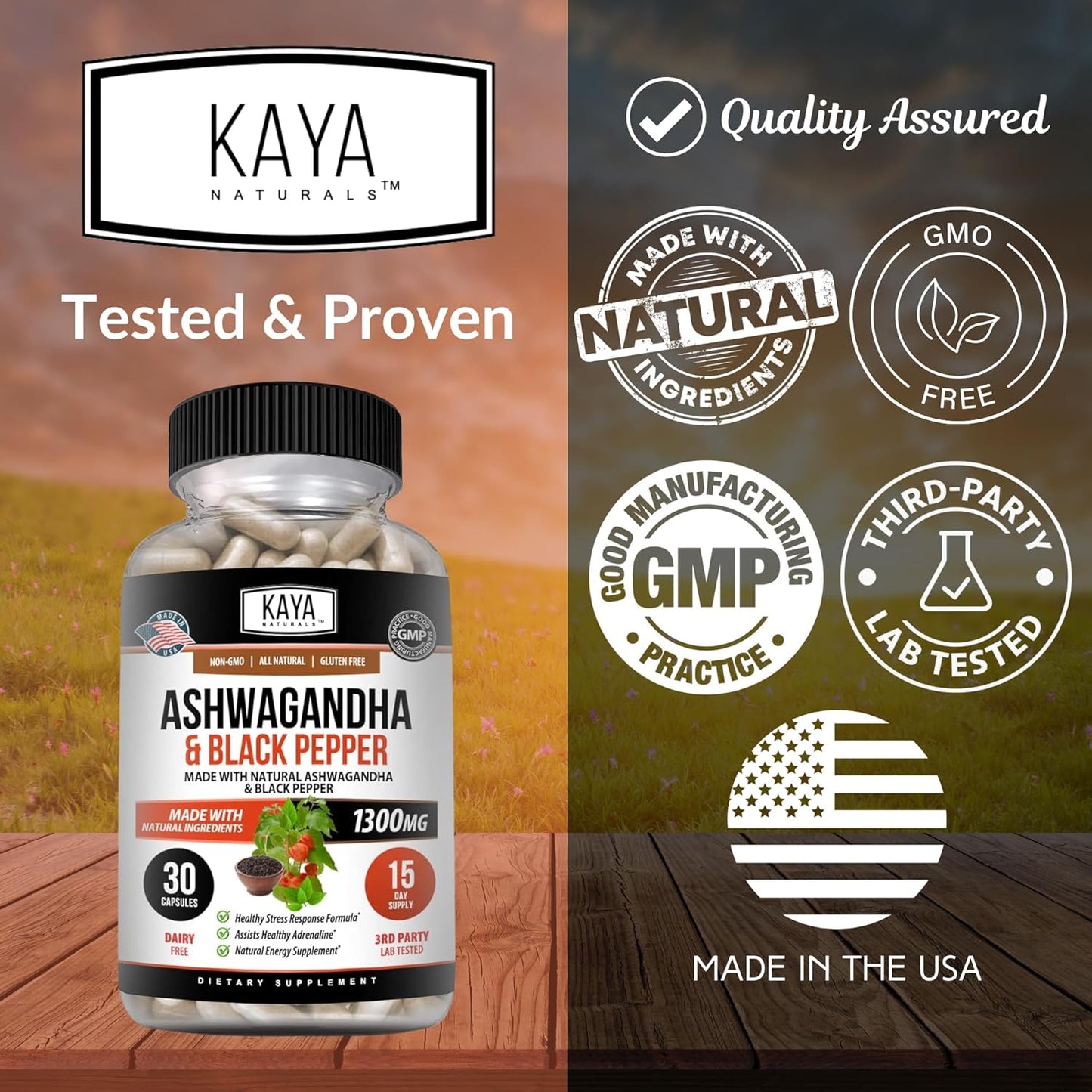 1300mg Maximum Strength Organic Ashwagandha Root with Black Pepper Supplement for Mood, Energy, and Vitality