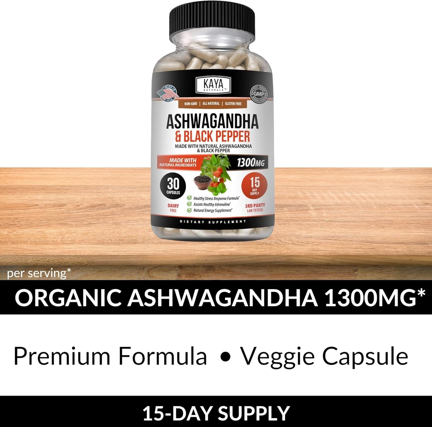 1300mg Maximum Strength Organic Ashwagandha Root with Black Pepper Supplement for Mood, Energy, and Vitality
