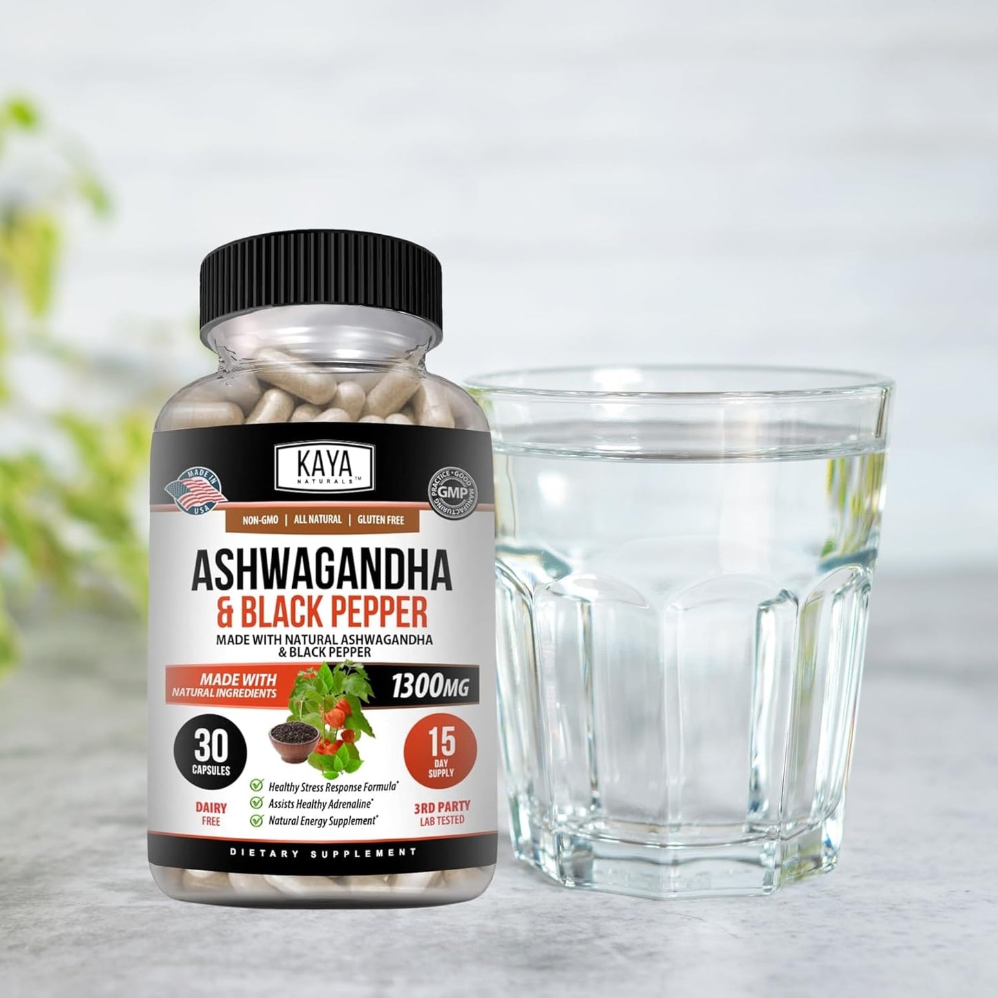 1300mg Maximum Strength Organic Ashwagandha Root with Black Pepper Supplement for Mood, Energy, and Vitality