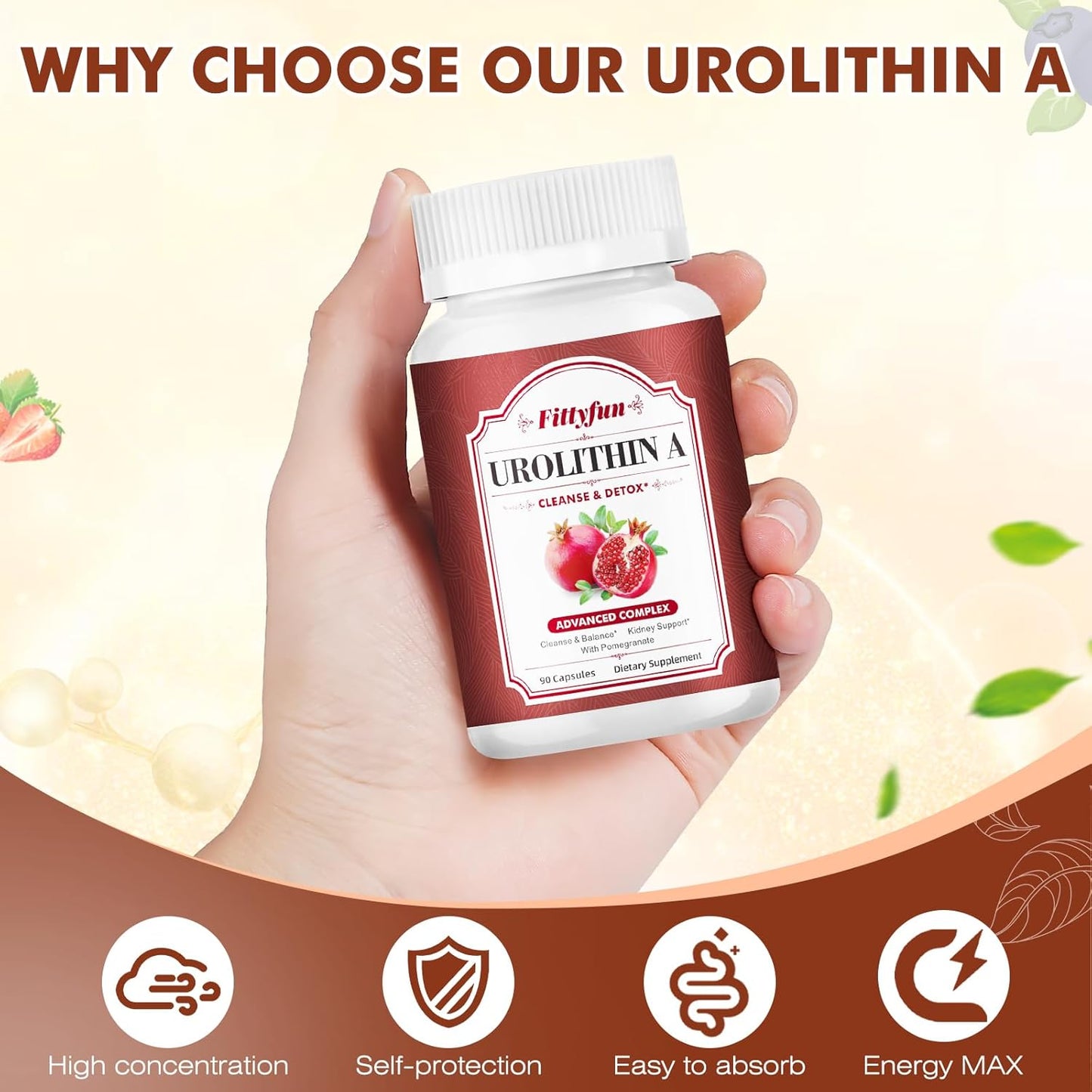 1300mg Urolithin A Supplement - 90 Capsules for 45 Days Supply by Fittyfun