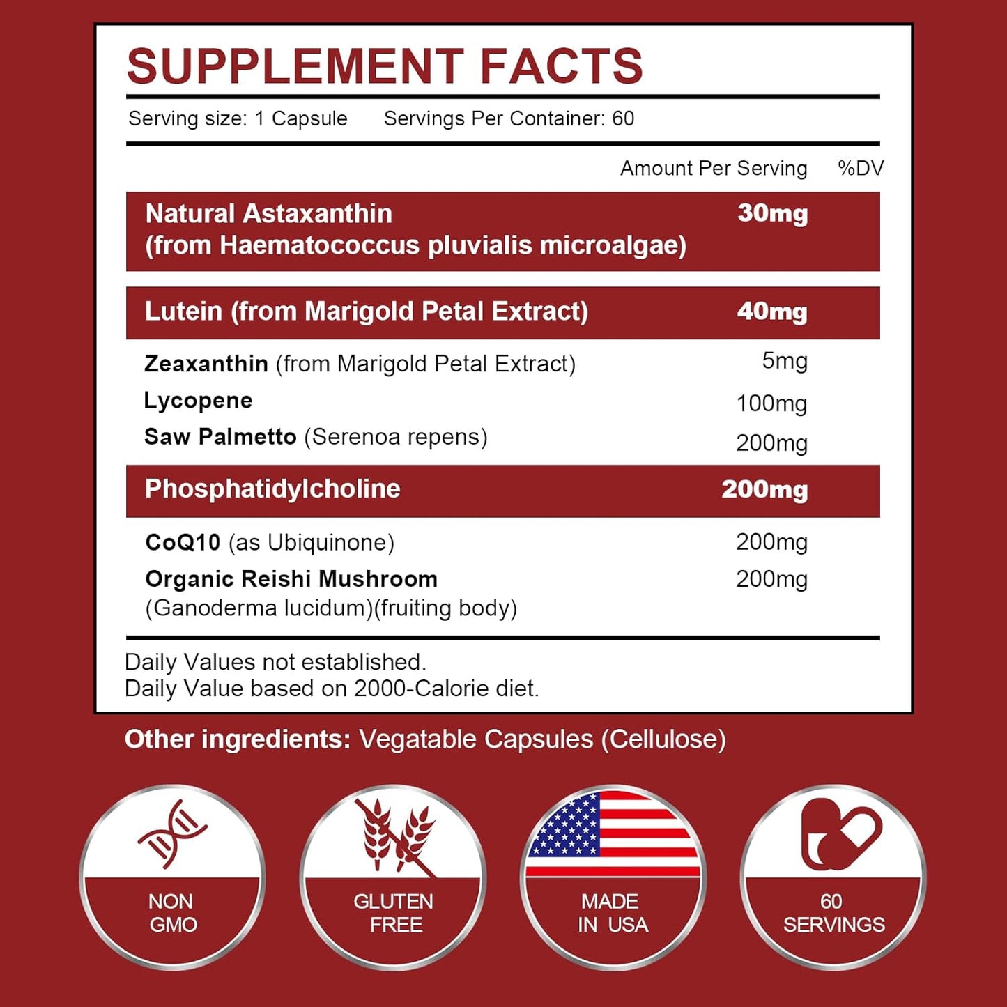130mg Astaxanthin and Lycopene Supplement with Phosphatidylcholine, Lutein, Zeaxanthin - 180 Capsules