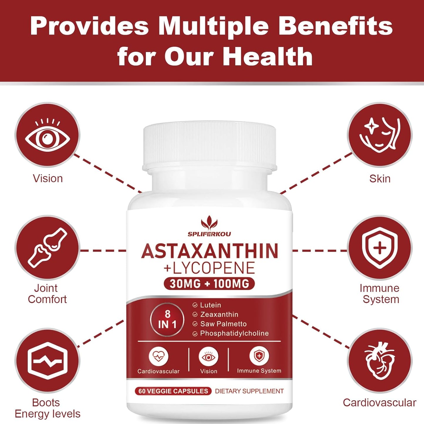 130mg Astaxanthin and Lycopene Supplement with Phosphatidylcholine, Lutein, Zeaxanthin - 180 Capsules