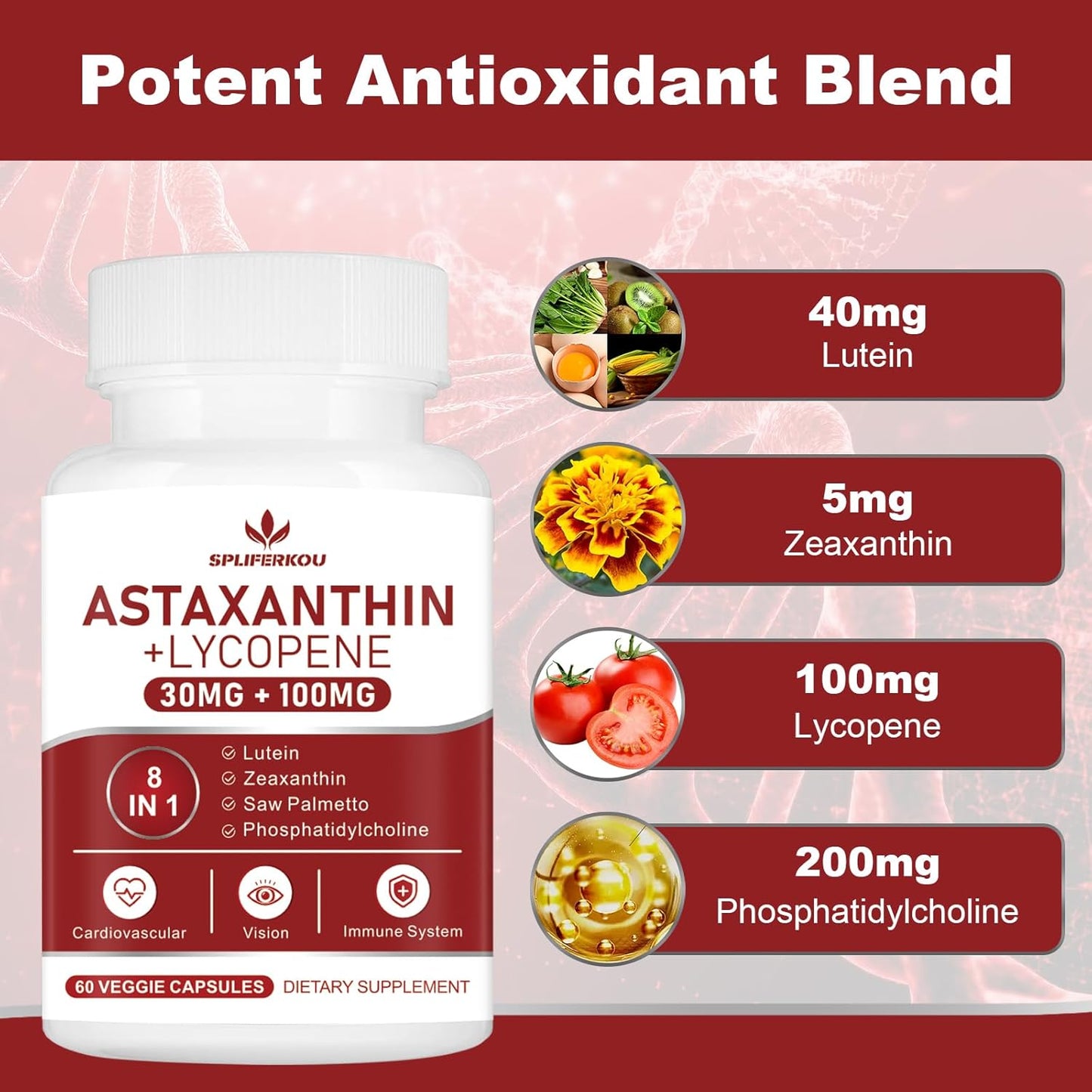 130mg Astaxanthin and Lycopene Supplement with Phosphatidylcholine, Lutein, Zeaxanthin - 180 Capsules