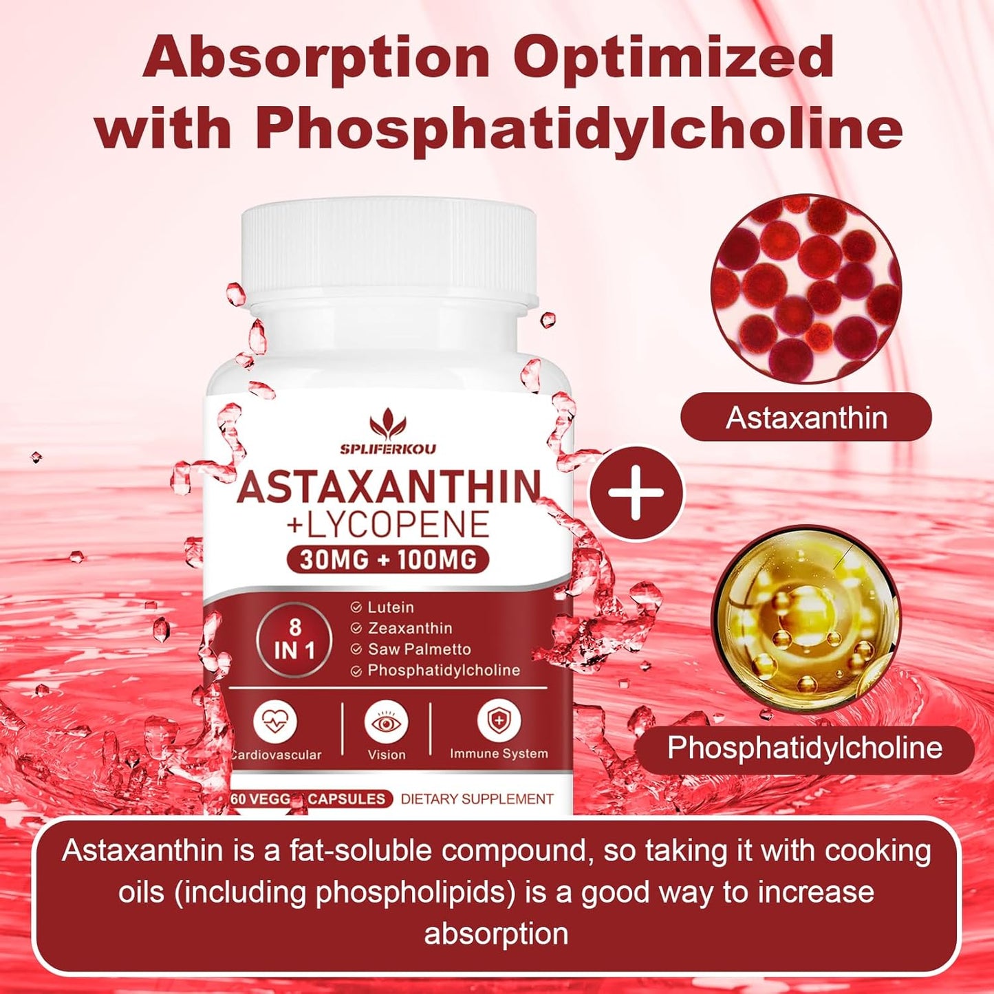130mg Astaxanthin and Lycopene Supplement with Phosphatidylcholine, Lutein, Zeaxanthin - 180 Capsules
