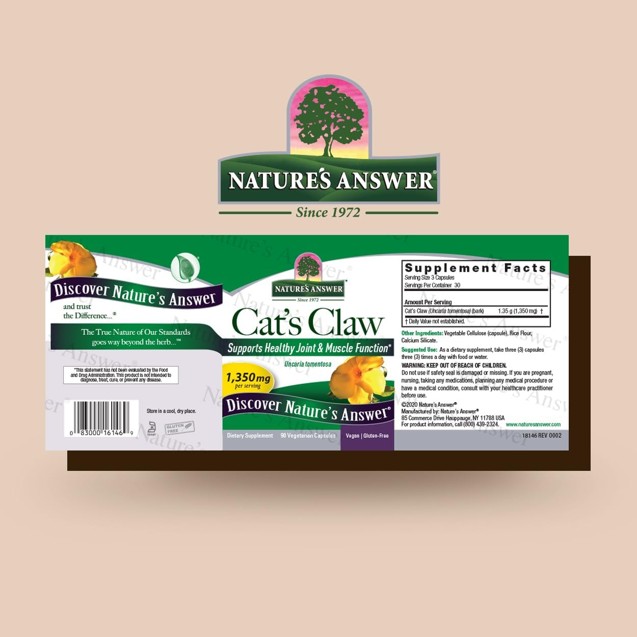 1350mg Cat's Claw Inner Bark Capsules for Joint & Muscle Support | Full Spectrum Herb | Gluten-Free, Vegan, & Kosher | 90-Count