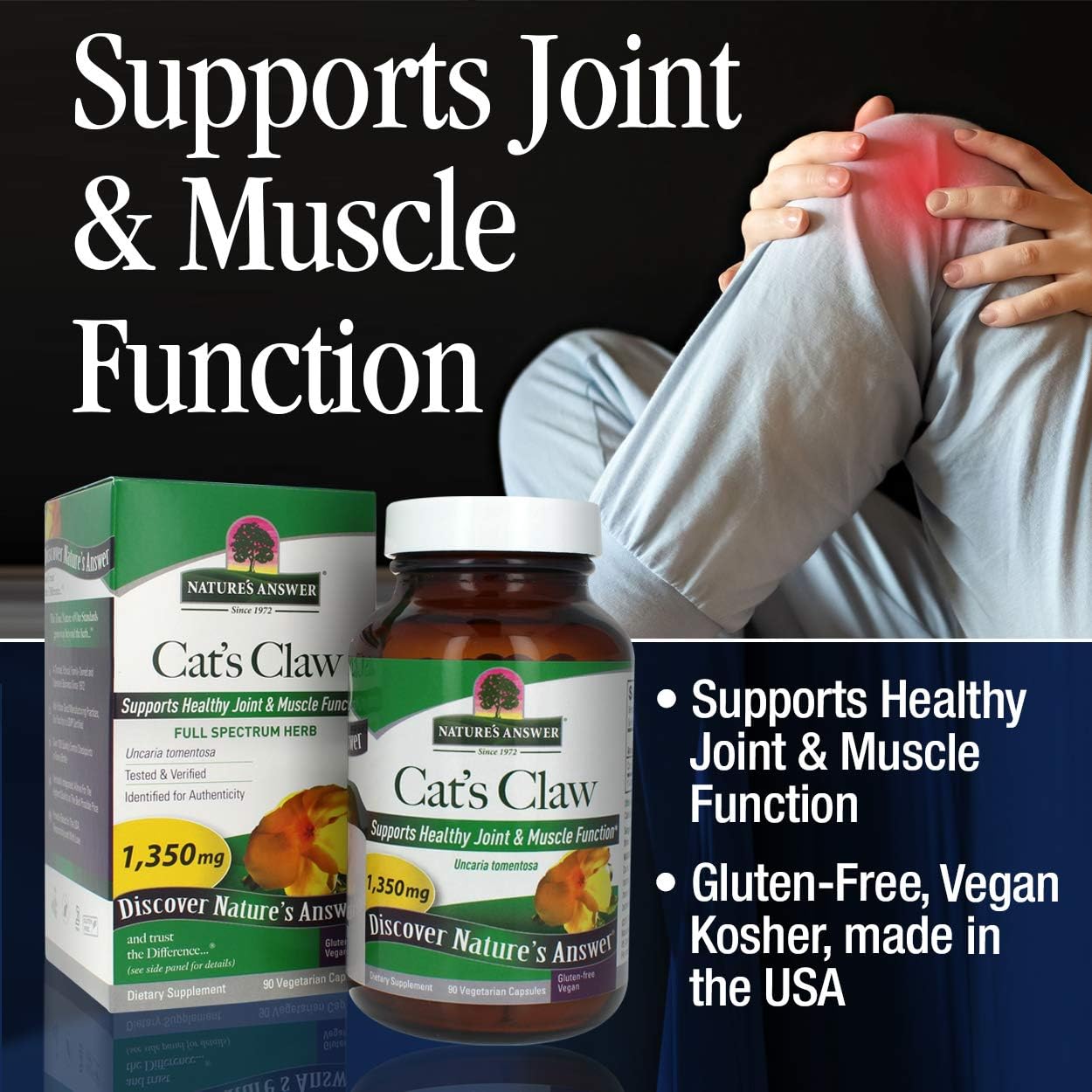1350mg Cat's Claw Inner Bark Capsules for Joint & Muscle Support | Full Spectrum Herb | Gluten-Free, Vegan, & Kosher | 90-Count