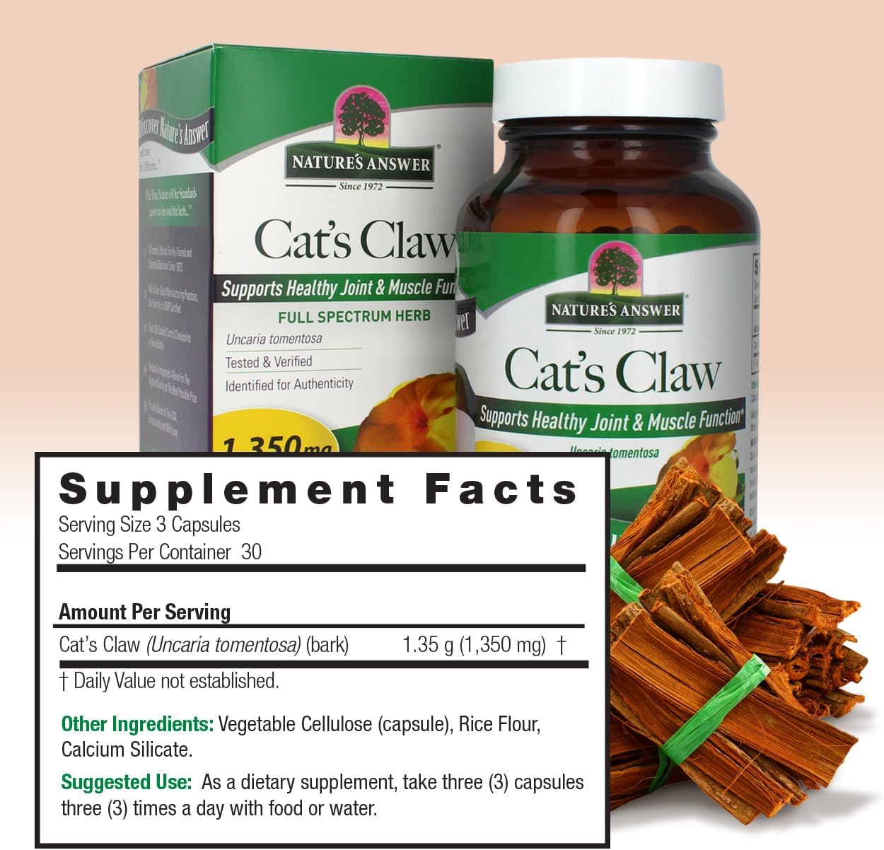 1350mg Cat's Claw Inner Bark Capsules for Joint & Muscle Support | Full Spectrum Herb | Gluten-Free, Vegan, & Kosher | 90-Count