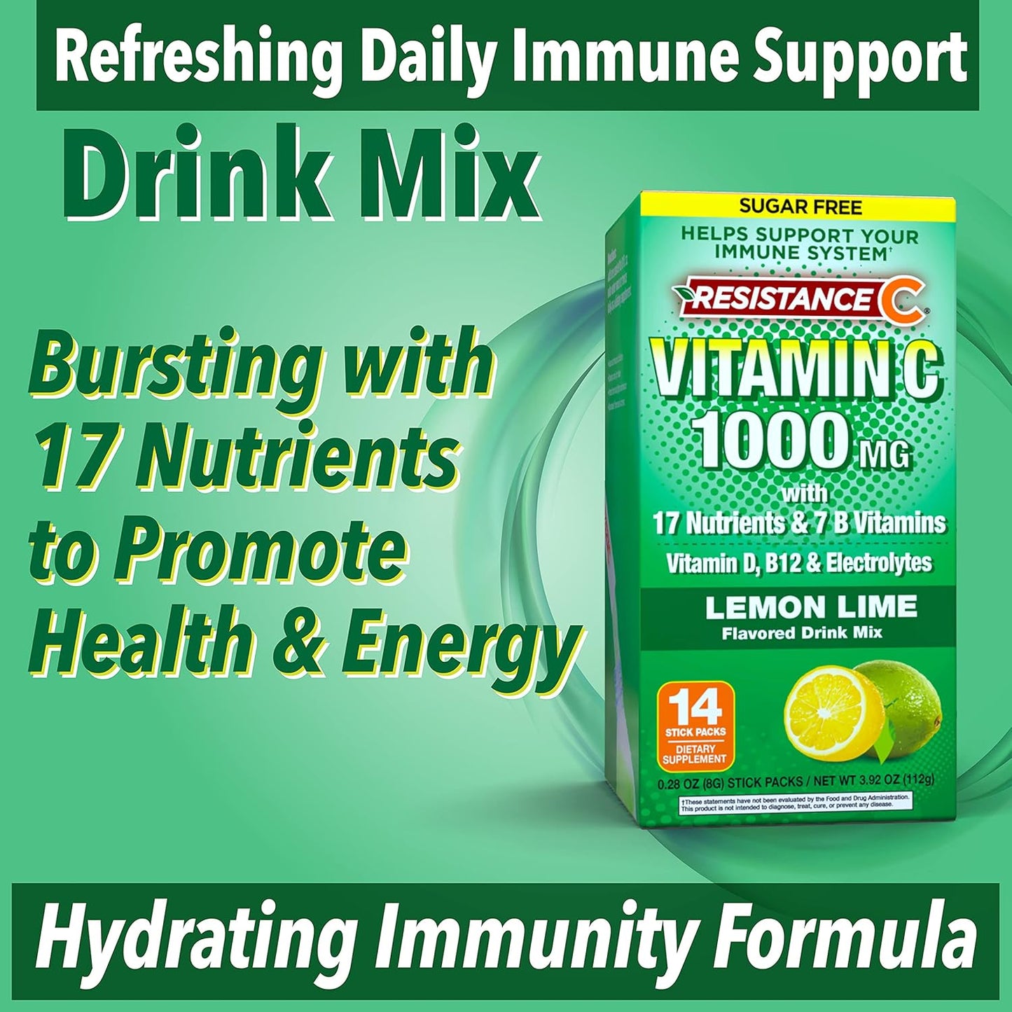 14 Count Resistance C Stick Packs with 16 Nutrients, 7 B-Vitamins, Electrolytes, and Antioxidants for Immune Support - Green Lemon-Lime Flavor