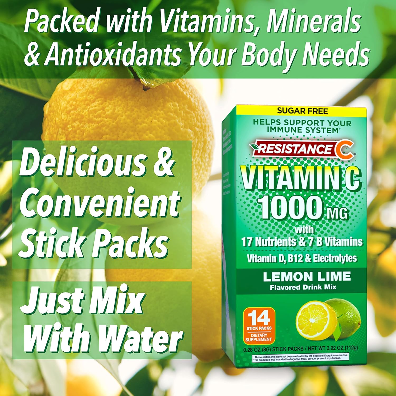 14 Count Resistance C Stick Packs with 16 Nutrients, 7 B-Vitamins, Electrolytes, and Antioxidants for Immune Support - Green Lemon-Lime Flavor