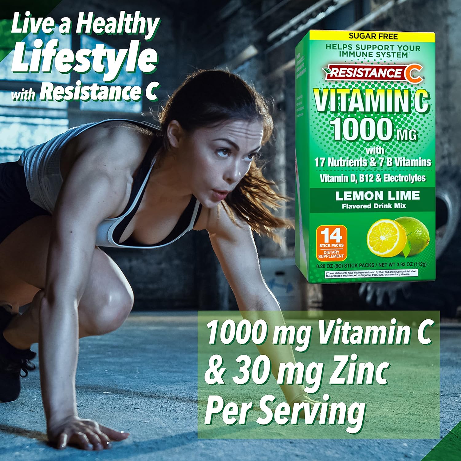 14 Count Resistance C Stick Packs with 16 Nutrients, 7 B-Vitamins, Electrolytes, and Antioxidants for Immune Support - Green Lemon-Lime Flavor