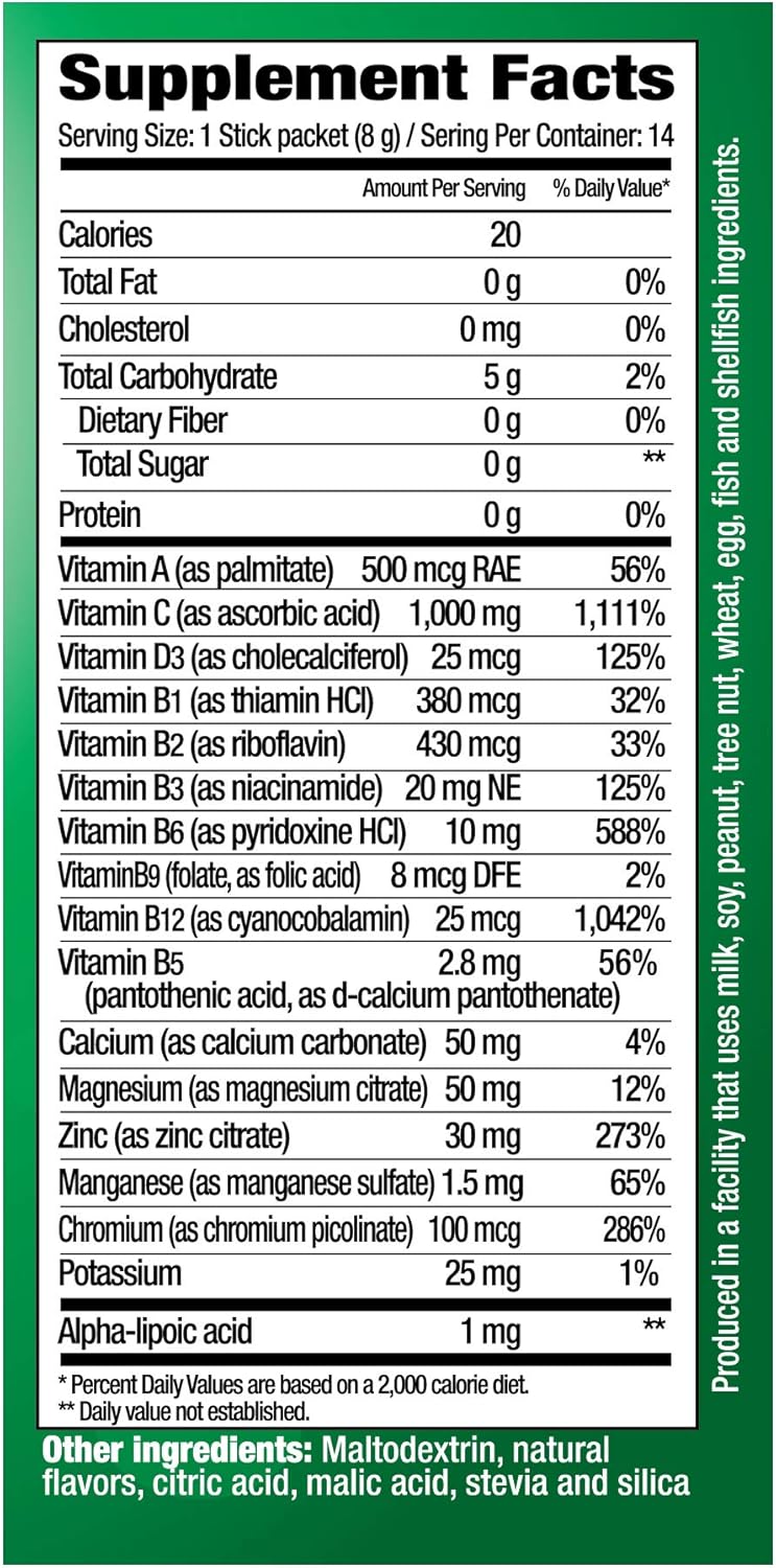14 Count Resistance C Stick Packs with 16 Nutrients, 7 B-Vitamins, Electrolytes, and Antioxidants for Immune Support - Green Lemon-Lime Flavor