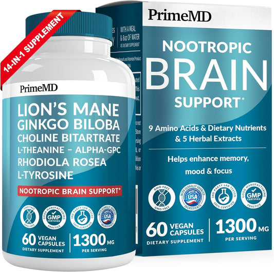 14-in-1 Lions Mane Nootropic Brain Supplement Capsules with Ginkgo Biloba for Memory, Focus, and Brain Support - Alpha GPC, L Theanine, and Choline Supplements - 1300mg Per Serving (60 ct)