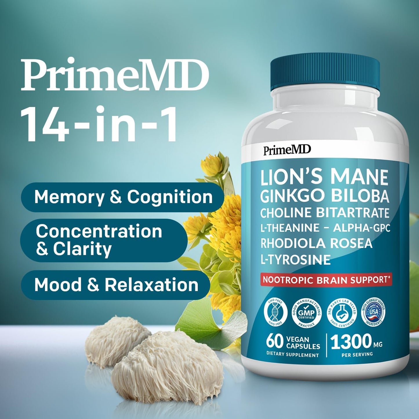 14-in-1 Lions Mane Nootropic Brain Supplement Capsules with Ginkgo Biloba for Memory, Focus, and Brain Support - Alpha GPC, L Theanine, and Choline Supplements - 1300mg Per Serving (60 ct)