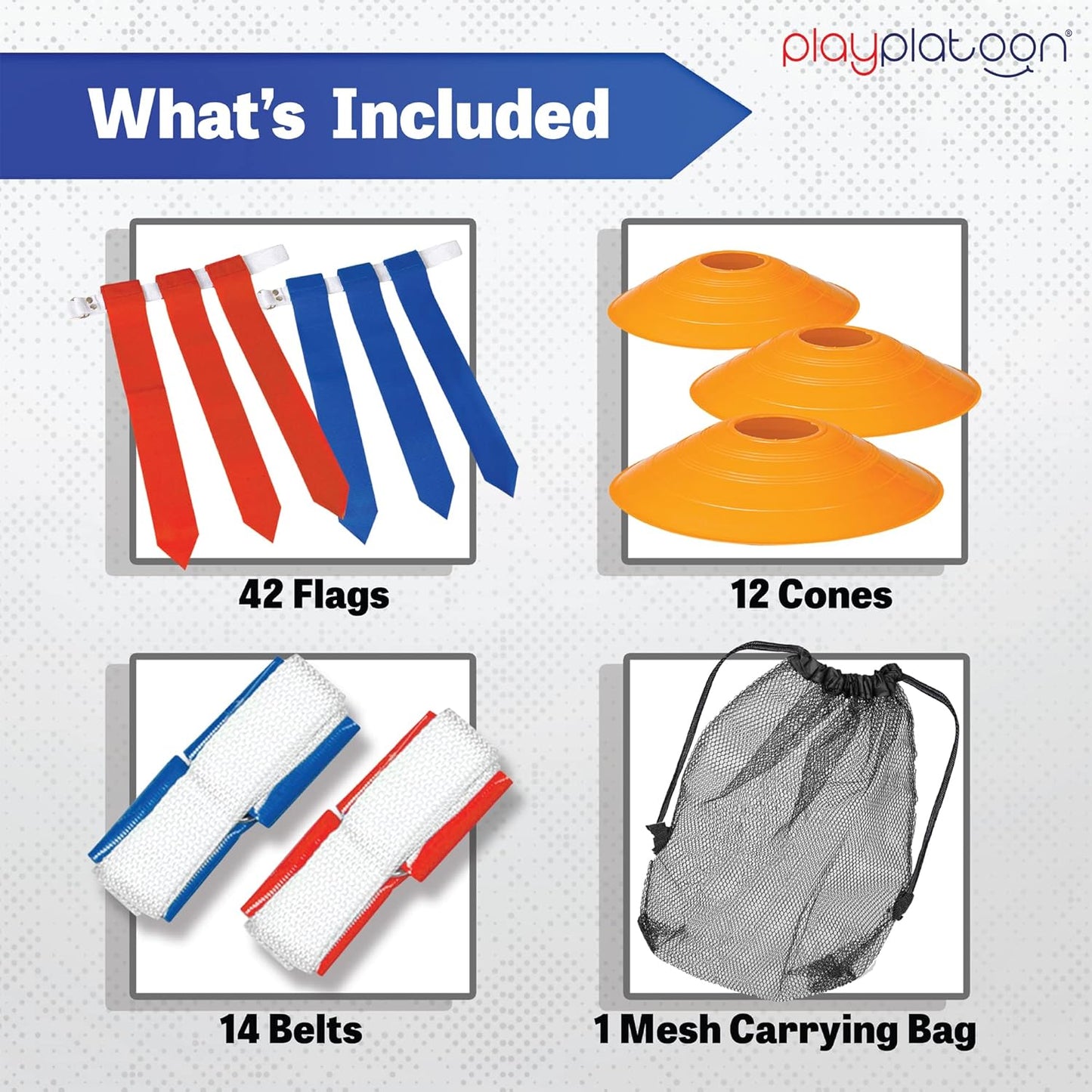 14 Player Flag Football Set with Adjustable Belts, 42 Flags, 12 Cone Markers & Mesh Bag - Youth & Adult Sizes