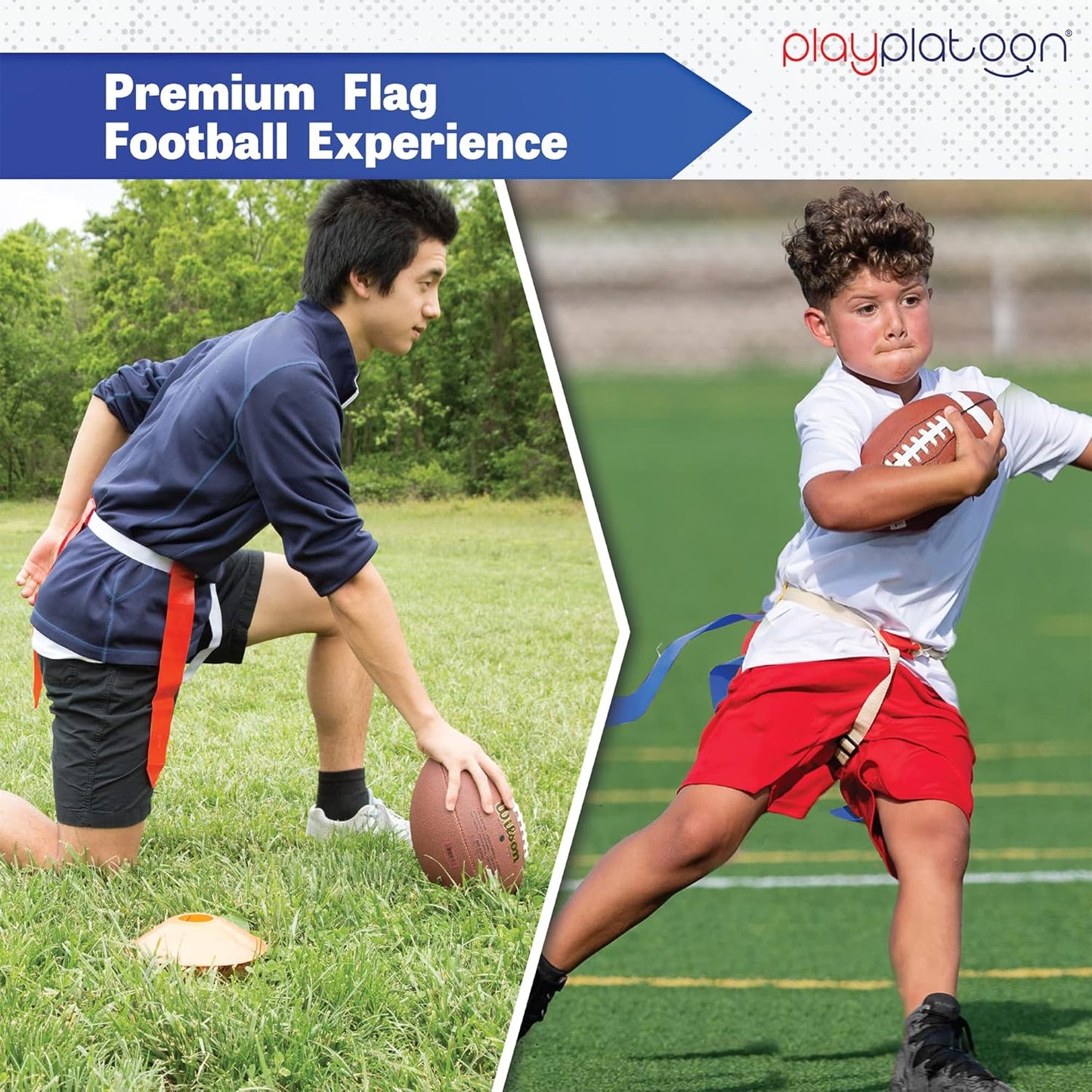 14 Player Flag Football Set with Adjustable Belts, 42 Flags, 12 Cone Markers & Mesh Bag - Youth & Adult Sizes