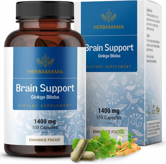 1400mg Brain Support Capsules with Bacopa, Panax Ginseng, and Ginkgo Biloba - Vegan and Non-GMO Focus Supplement for Adults - 100 Capsules by HERBAMAMA