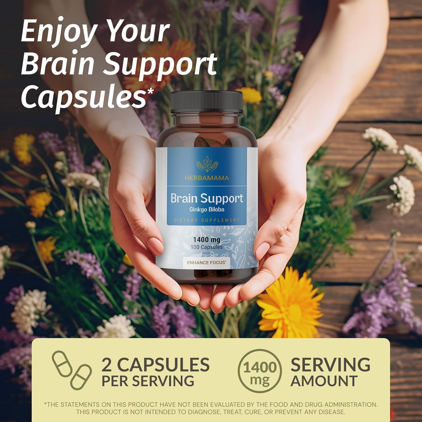 1400mg Brain Support Capsules with Bacopa, Panax Ginseng, and Ginkgo Biloba - Vegan and Non-GMO Focus Supplement for Adults - 100 Capsules by HERBAMAMA
