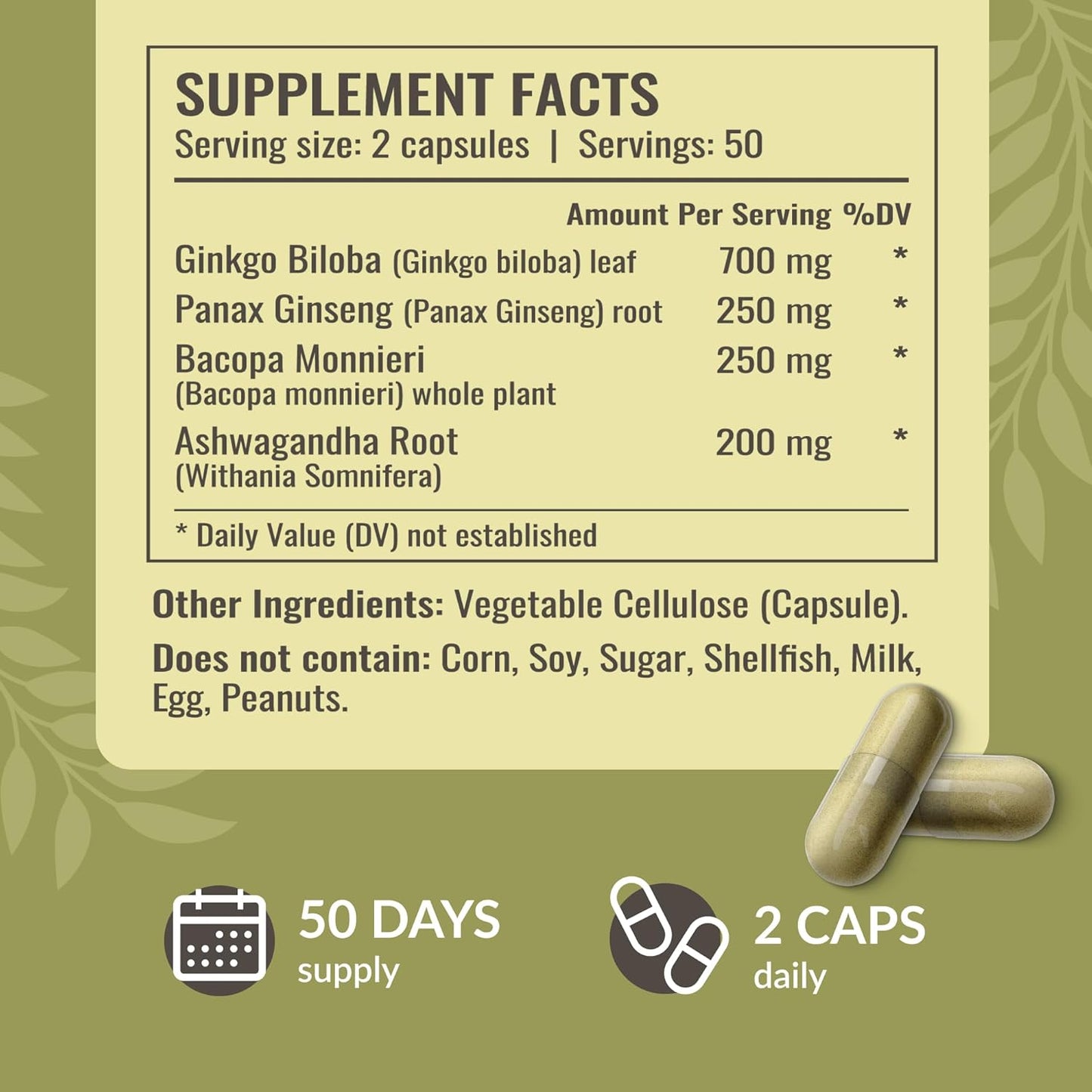 1400mg Brain Support Capsules with Bacopa, Panax Ginseng, and Ginkgo Biloba - Vegan and Non-GMO Focus Supplement for Adults - 100 Capsules by HERBAMAMA