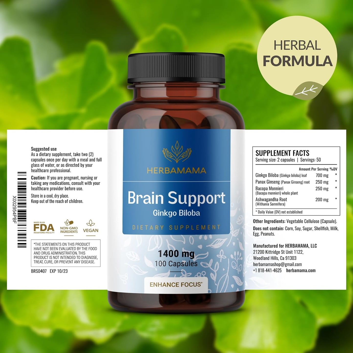 1400mg Brain Support Capsules with Bacopa, Panax Ginseng, and Ginkgo Biloba - Vegan and Non-GMO Focus Supplement for Adults - 100 Capsules by HERBAMAMA