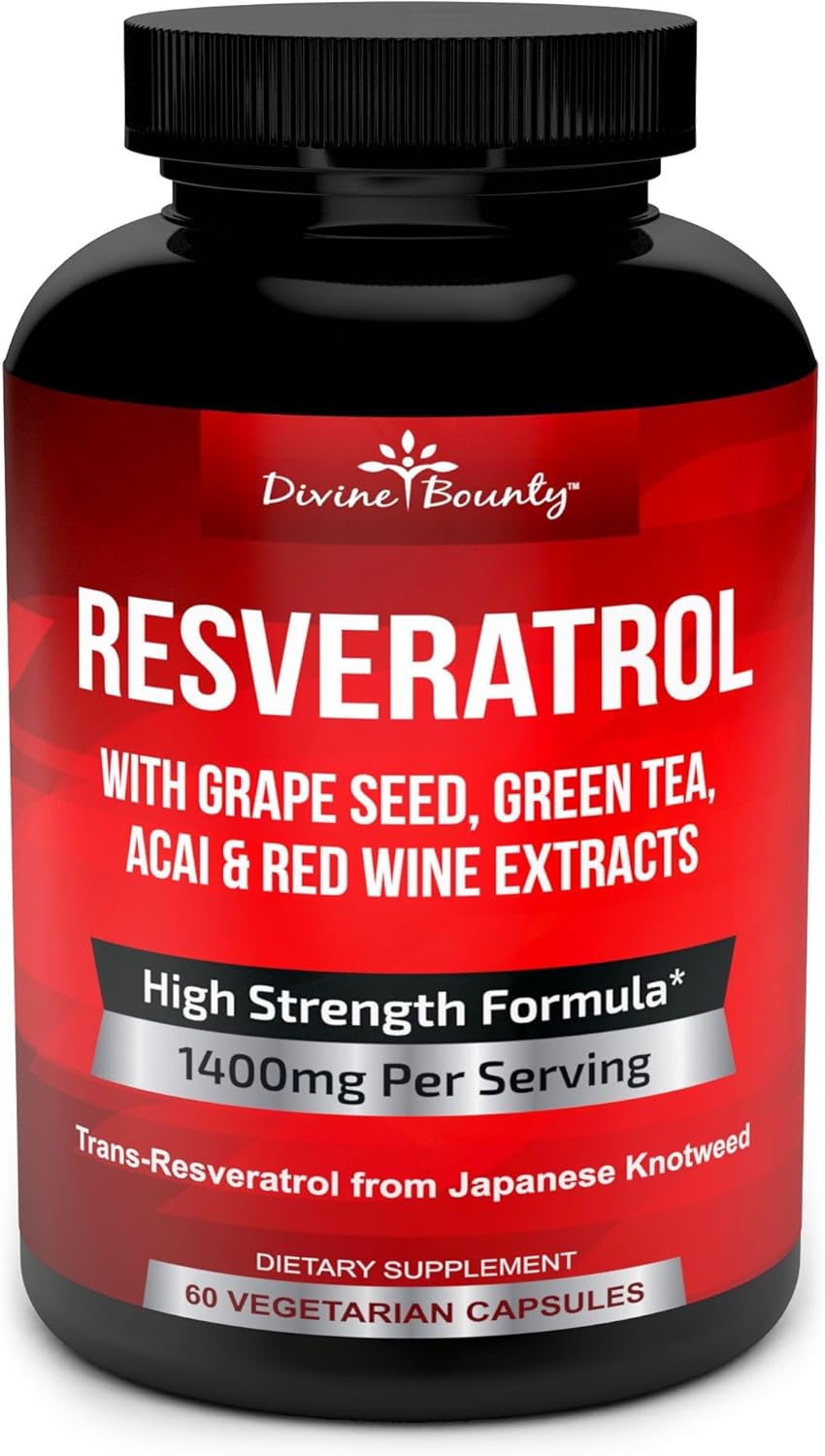 1400mg Resveratrol Supplement with Grape Seed, Green Tea, Red Wine Extracts - 60 Veg Capsules