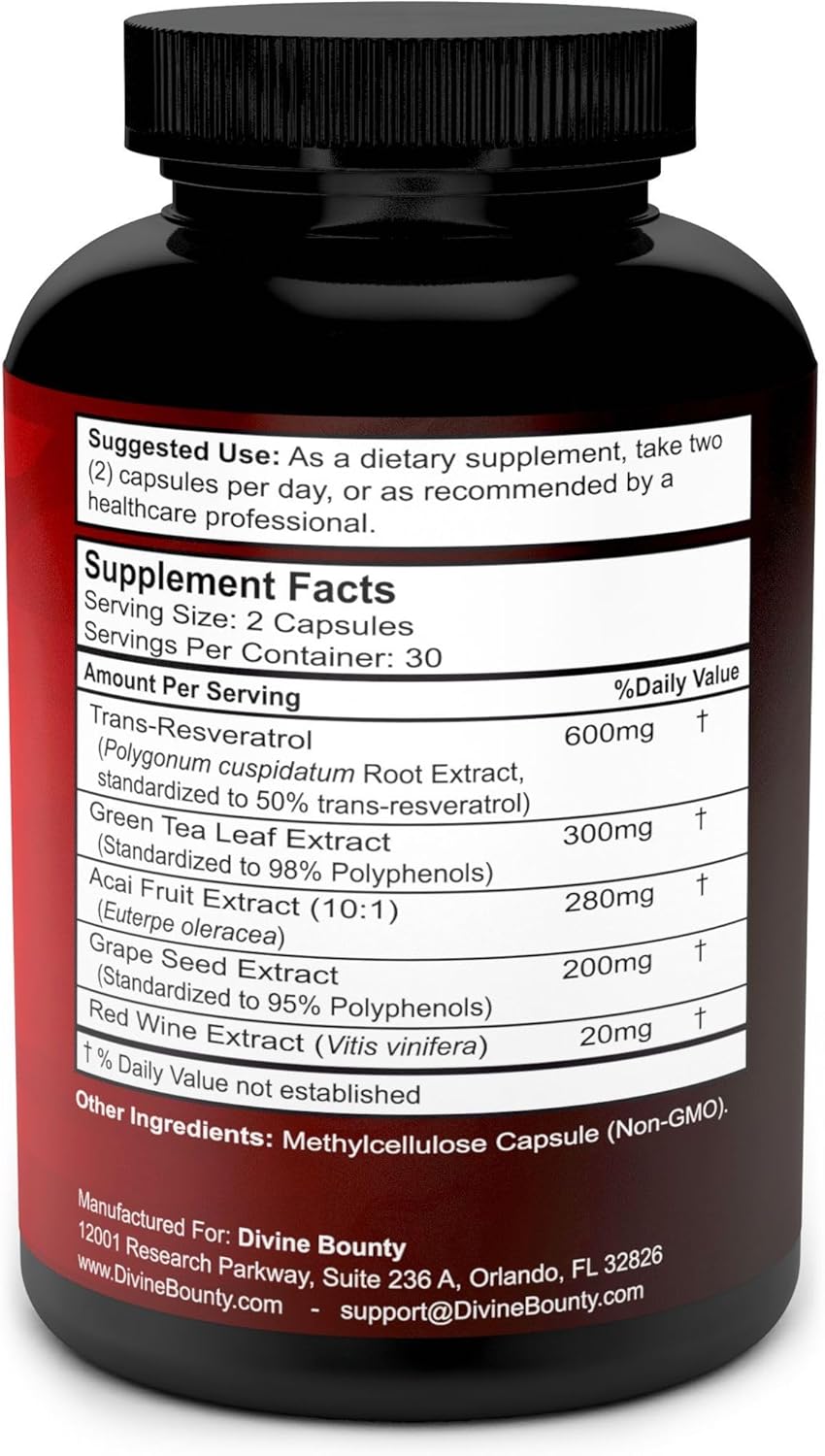 1400mg Resveratrol Supplement with Grape Seed, Green Tea, Red Wine Extracts - 60 Veg Capsules