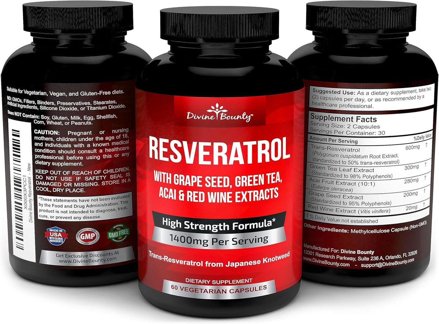 1400mg Resveratrol Supplement with Grape Seed, Green Tea, Red Wine Extracts - 60 Veg Capsules