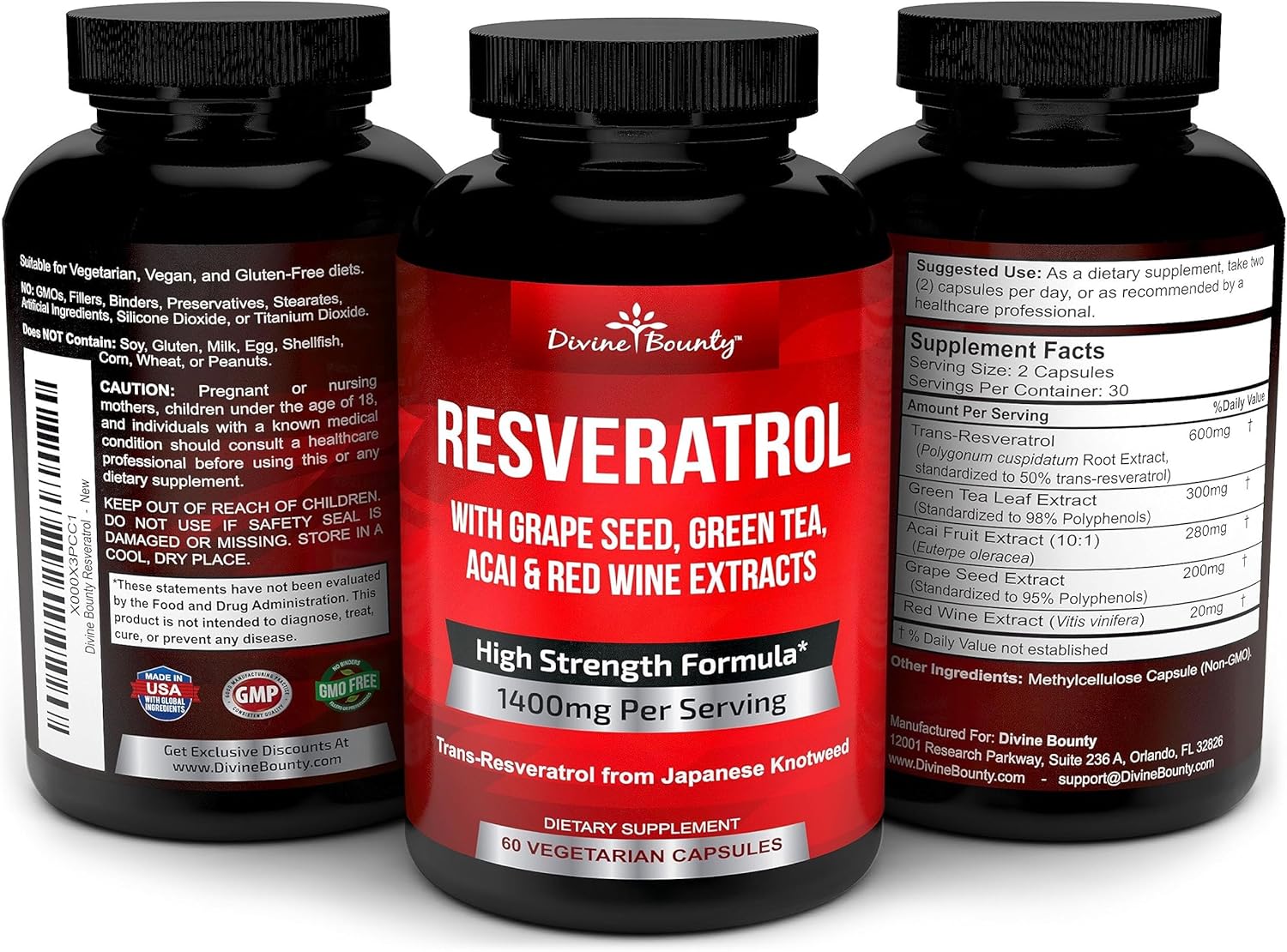 1400mg Resveratrol Supplement with Grape Seed, Green Tea, Red Wine Extracts - 60 Veg Capsules