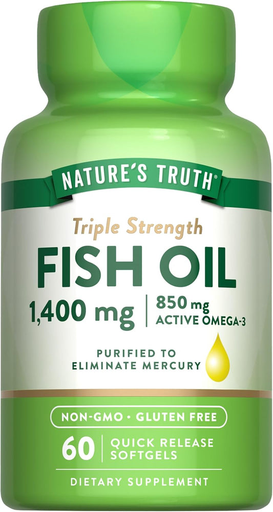 1400mg Triple Strength Fish Oil Softgels with Active Omega 3 - 60 Count - Non-GMO & Gluten Free
