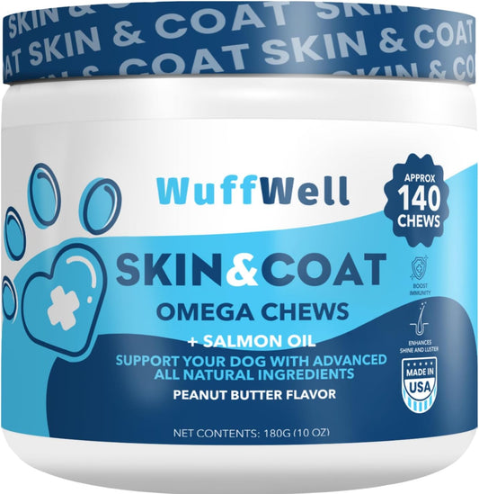 140ct WuffWell Omega 3 Salmon Oil Chews for Dogs - Skin & Coat Supplement, Allergy Relief, Anti-Shedding, Dry Skin Treatment - Made in USA