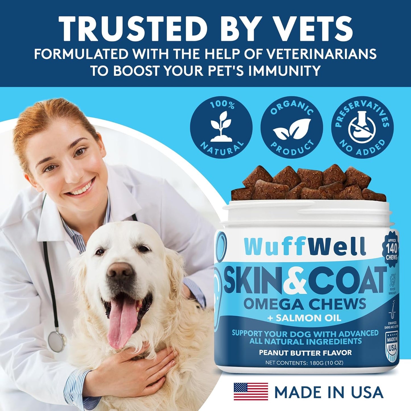 140ct WuffWell Omega 3 Salmon Oil Chews for Dogs - Skin & Coat Supplement, Allergy Relief, Anti-Shedding, Dry Skin Treatment - Made in USA