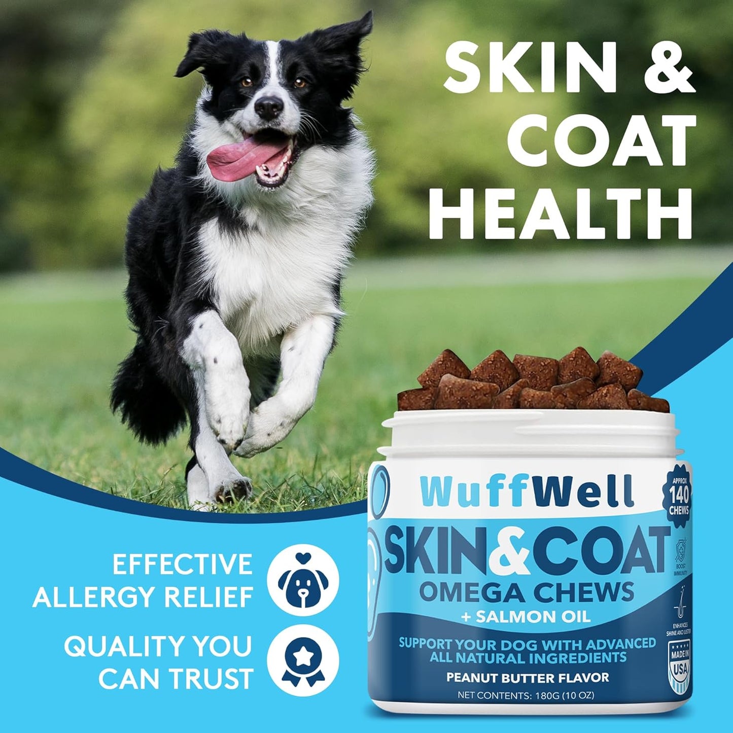 140ct WuffWell Omega 3 Salmon Oil Chews for Dogs - Skin & Coat Supplement, Allergy Relief, Anti-Shedding, Dry Skin Treatment - Made in USA