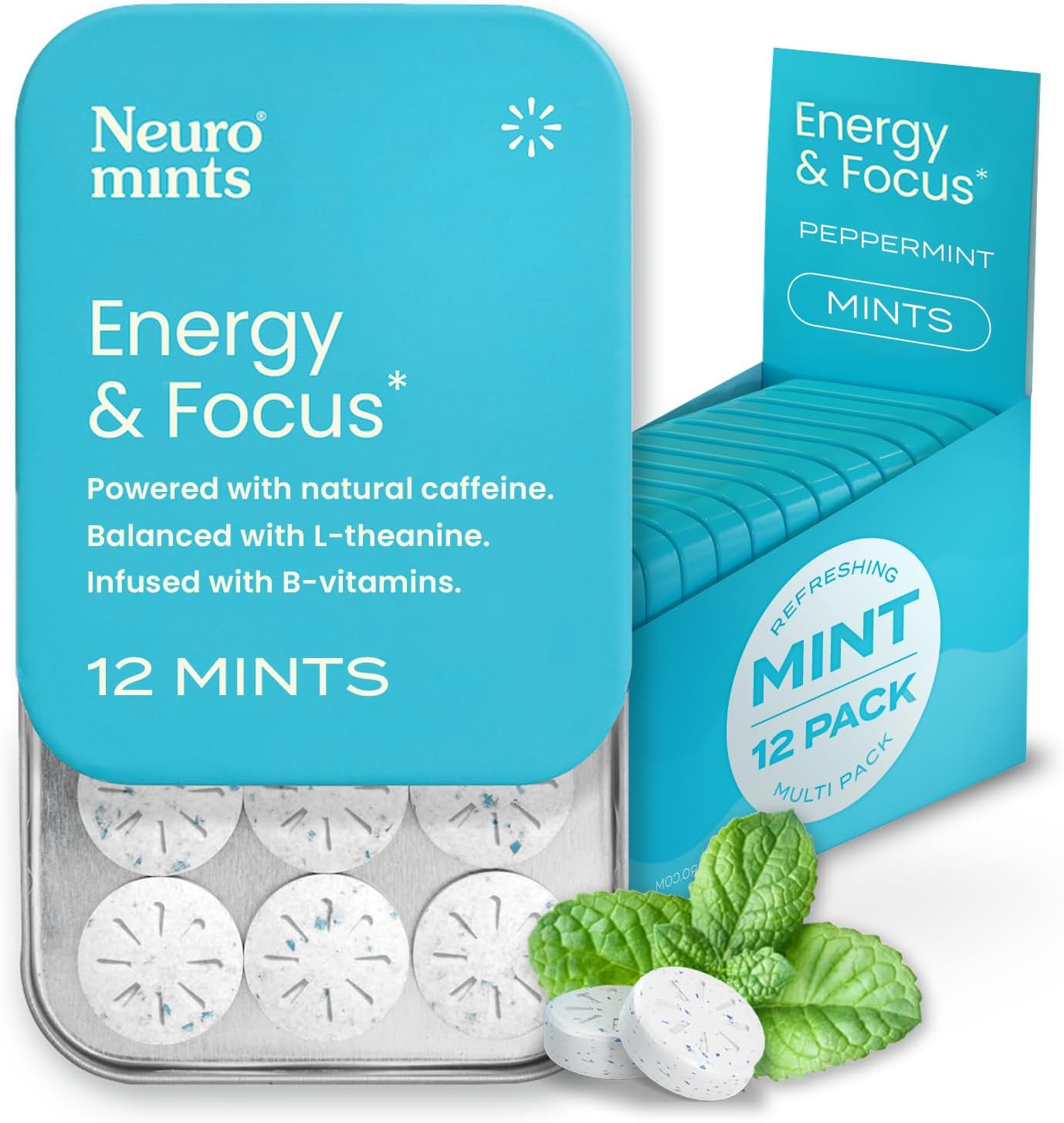 144 Piece NeuroGum Energy Mints: Sugar-Free Nootropic Supplement with L-Theanine, Natural Caffeine, Vitamin B12 & B6 for Energy and Focus - Peppermint Flavor for Men & Women - Keto & Vegan Friendly