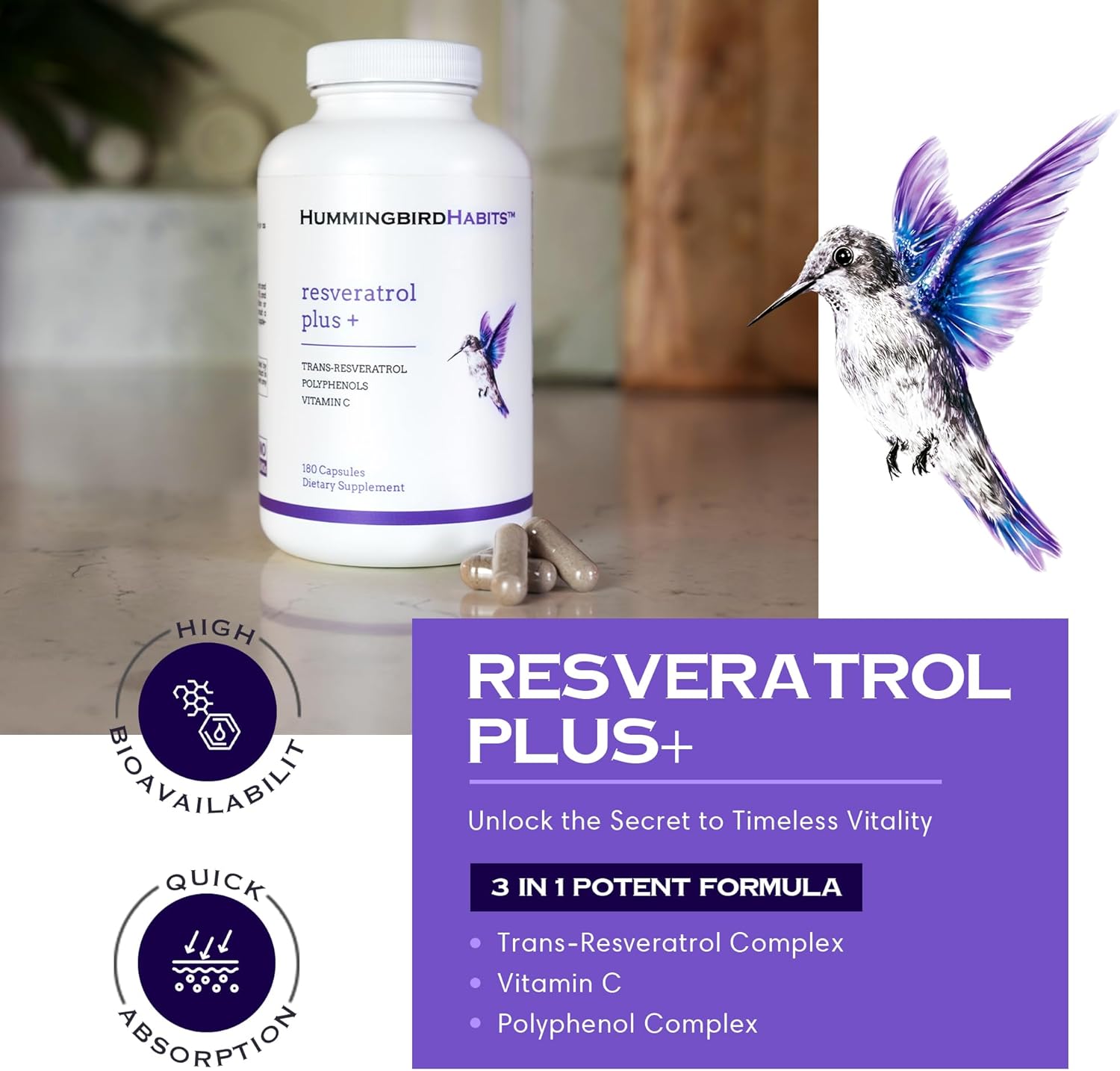 1450mg Resveratrol Plus+ Supplement with Vitamin C & Polyphenol Complex for Immune Support - 180 Vegan Capsules