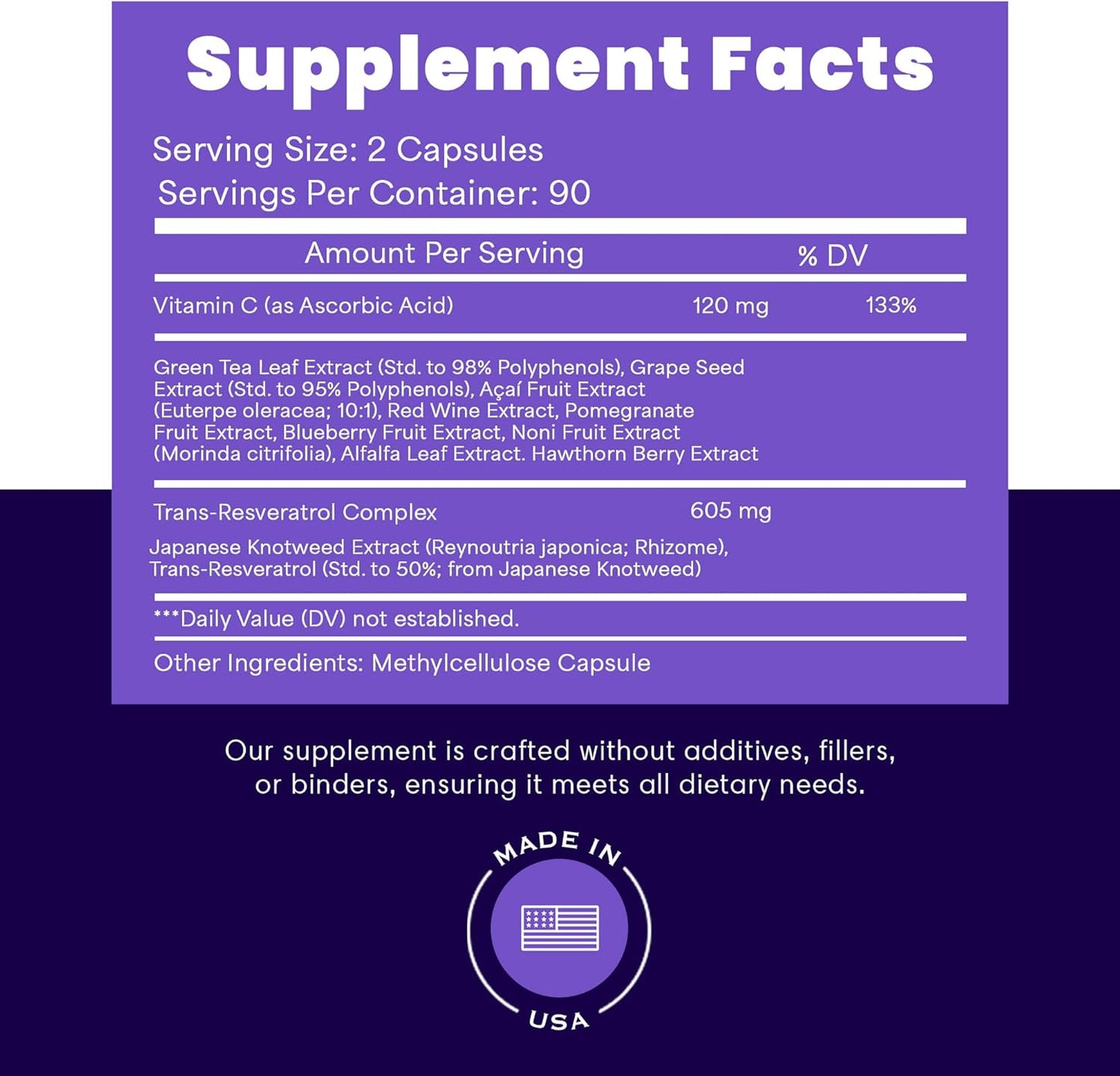 1450mg Resveratrol Plus+ Supplement with Vitamin C & Polyphenol Complex for Immune Support - 180 Vegan Capsules