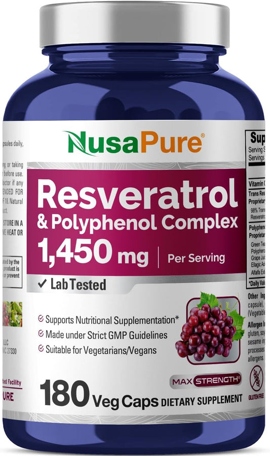1450mg Resveratrol & Polyphenol Complex - 180 Vegetarian Capsules with Vitamin C - Non-GMO, Vegan Formula by NusaPure