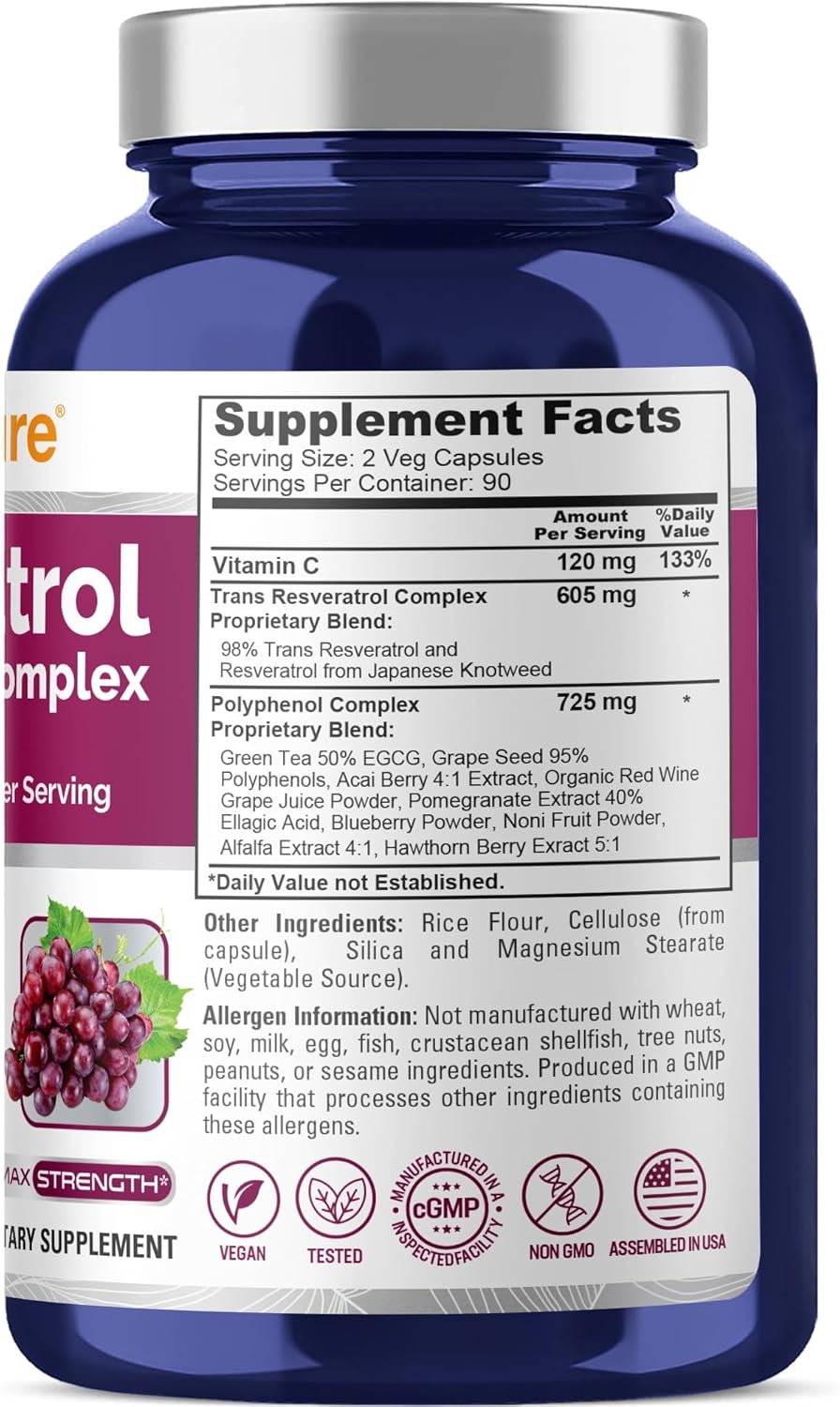 1450mg Resveratrol & Polyphenol Complex - 180 Vegetarian Capsules with Vitamin C - Non-GMO, Vegan Formula by NusaPure
