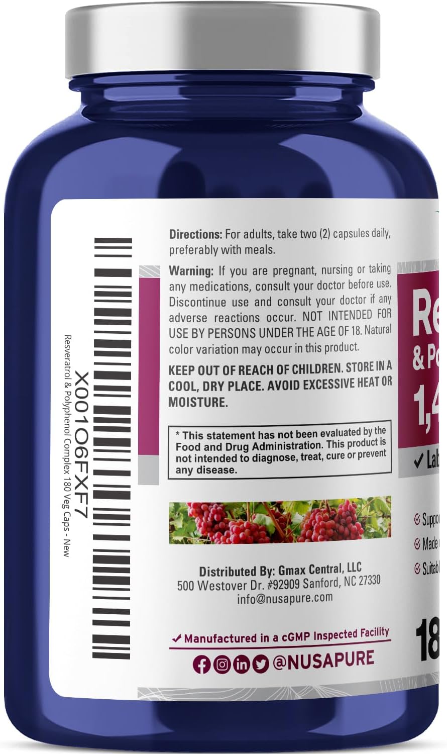1450mg Resveratrol & Polyphenol Complex - 180 Vegetarian Capsules with Vitamin C - Non-GMO, Vegan Formula by NusaPure