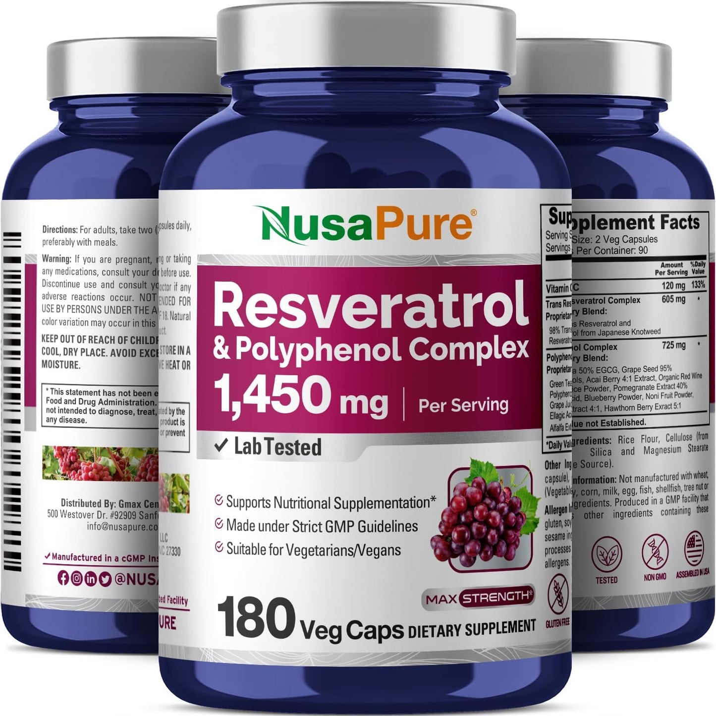 1450mg Resveratrol & Polyphenol Complex - 180 Vegetarian Capsules with Vitamin C - Non-GMO, Vegan Formula by NusaPure