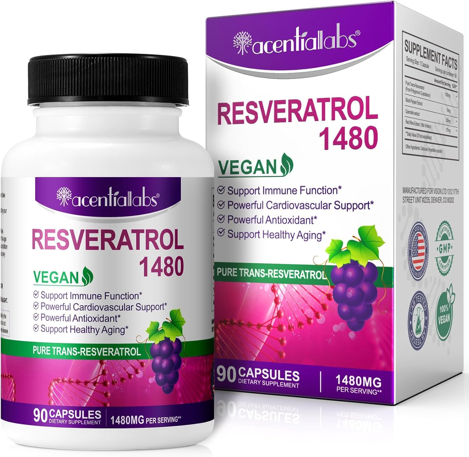 1480mg Resveratrol Supplement with Antioxidants for Heart Health, Healthy Aging & Immune System - 90 Capsules
